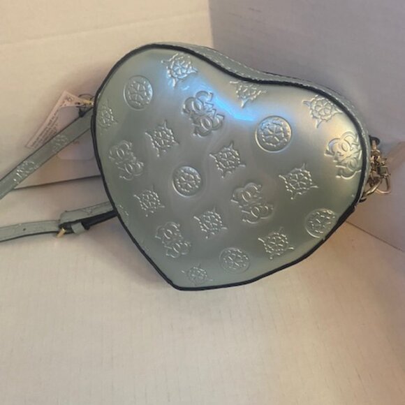 GUESS Arnela Debossed Logo Mini Heart Crossbody Bag in light Blue Leather (NEW) - Picture 3 of 6